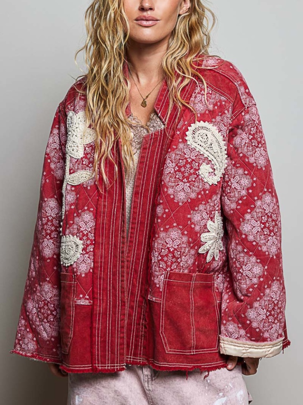 POL Red Paisley Print Reverse Stitch Floral Embroidered Open Front Jacket - Picture 2 of 8